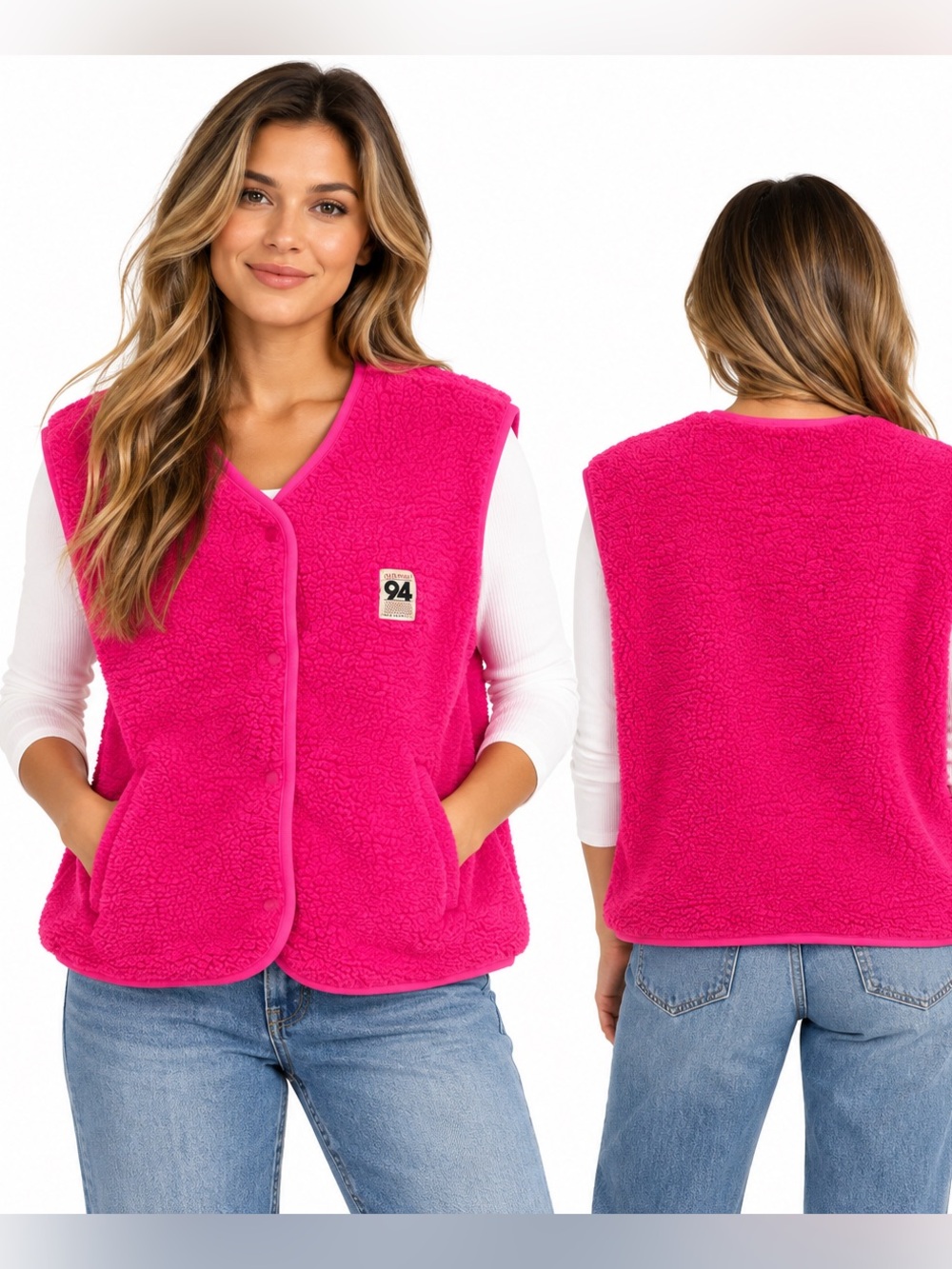 Old Navy Active XL Hot Pink Sherpa Fleece Vest 94 Patch Oversized